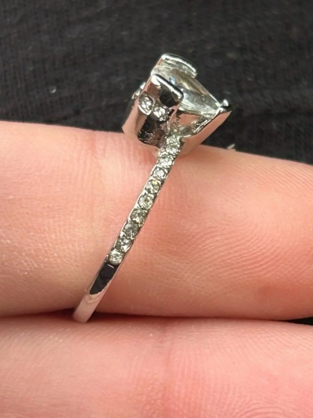 Faux Diamond Pear Cut Teardrop Ring Size 8 Silver Tone Pave Rhinestone Band